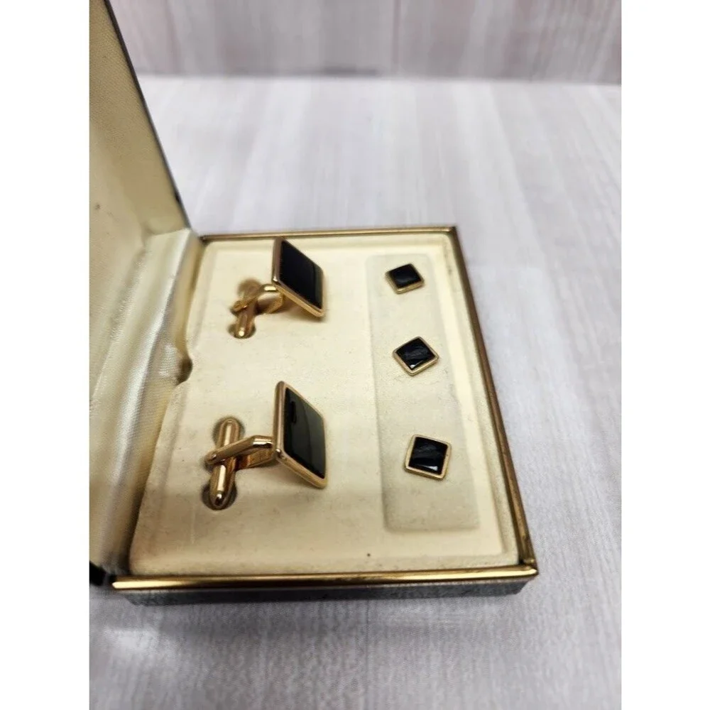 Swank Vintage Gold Tone Black Onyx Cufflinks & 3 Shirt Studs Set w/ Box